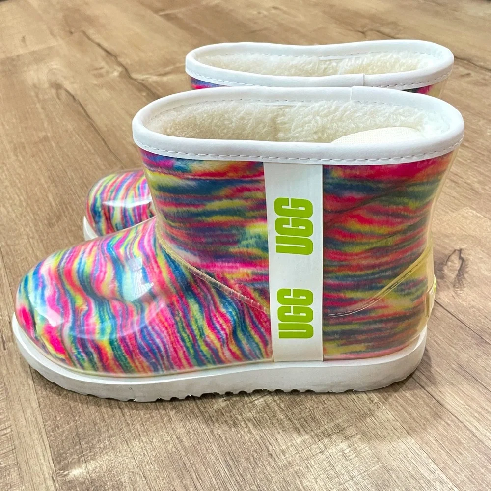 UGG Classic Clear Mini II Party Rainbow Waterproof Boots Kids Size 6 Multi Color